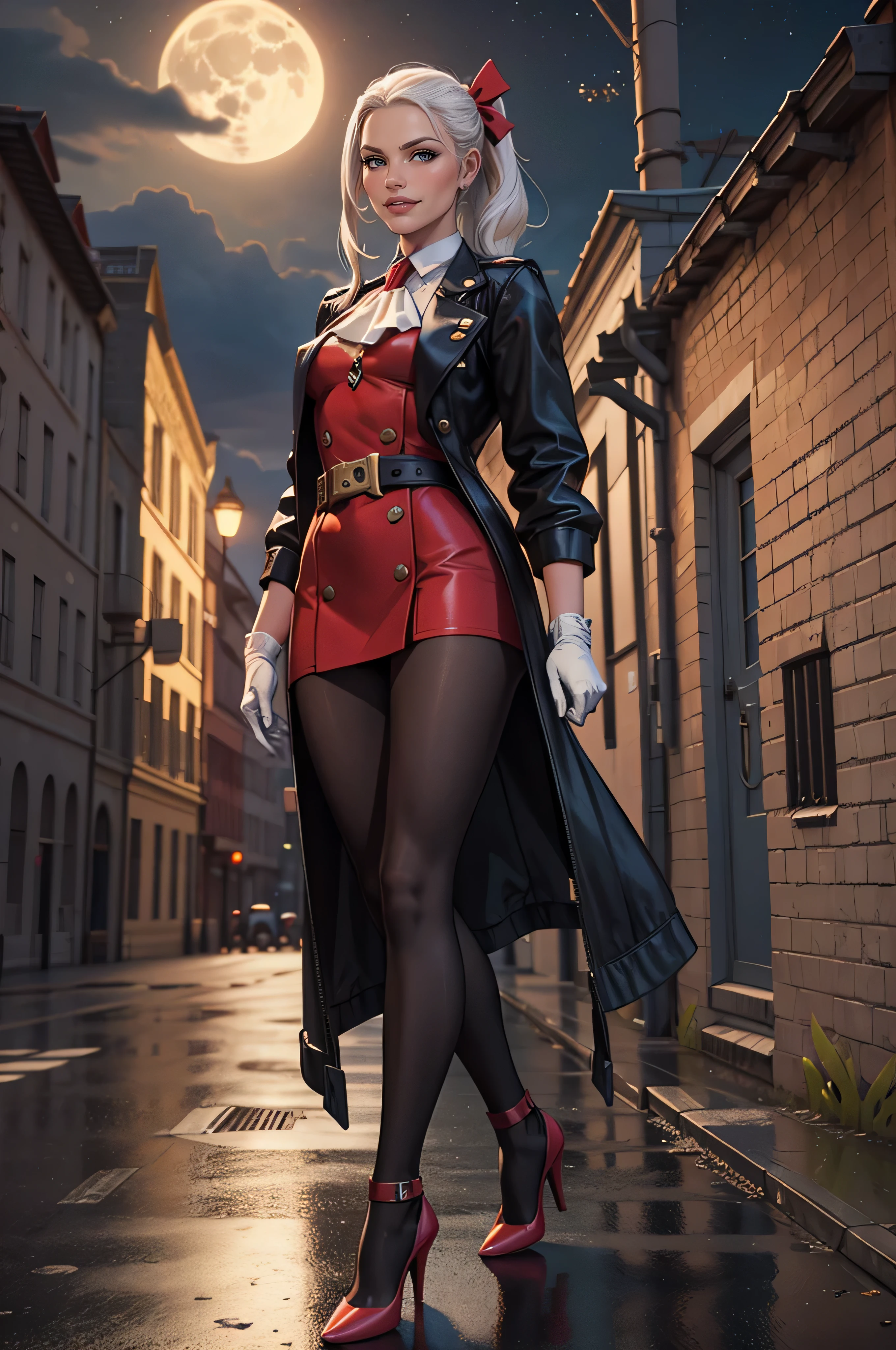 photo of  edelgard_academy, hair ribbon, black jacket, black dress, ascot, red pantyhose, white gloves, high heels, walking on battlefield, moonligth, full moon, young, teen, (skinny), small , , 1 girl, (((3d, video game))),masterpiece, best quality, intricate details, 8k uhd, perfect face, perfect eyes