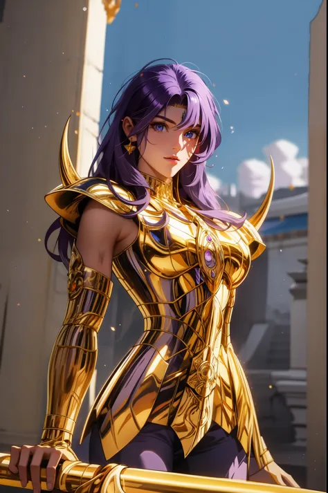 perfect eyes:1.2, detailed eyes:1.4, gold armor, armor, (purple hair:1.6), helmet, breasts, shoulder armor, medium hair, blue ey...