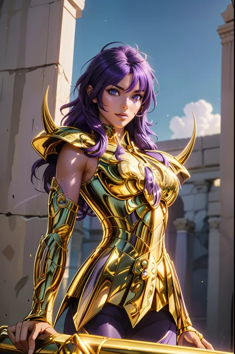 perfect eyes:1.2, detailed eyes:1.4, gold armor, armor, (purple hair:1.6), breasts, shoulder armor, medium hair, blue eyes, Scor...