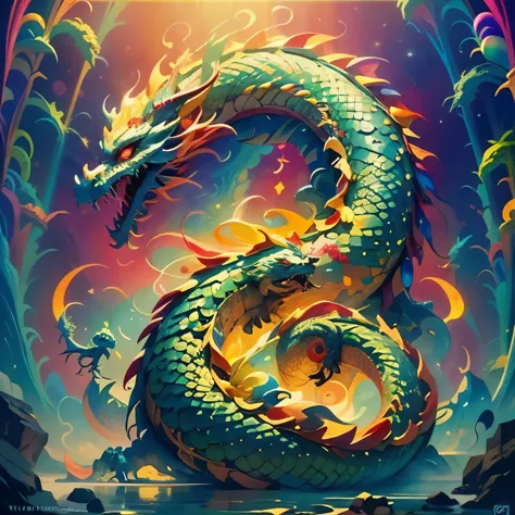 lovely Skeleton Dragon。pixar styled, top-quality、​masterpiece、超A high resolution、golden-rainbow-color Chinese cartoon Dragon、(ve...