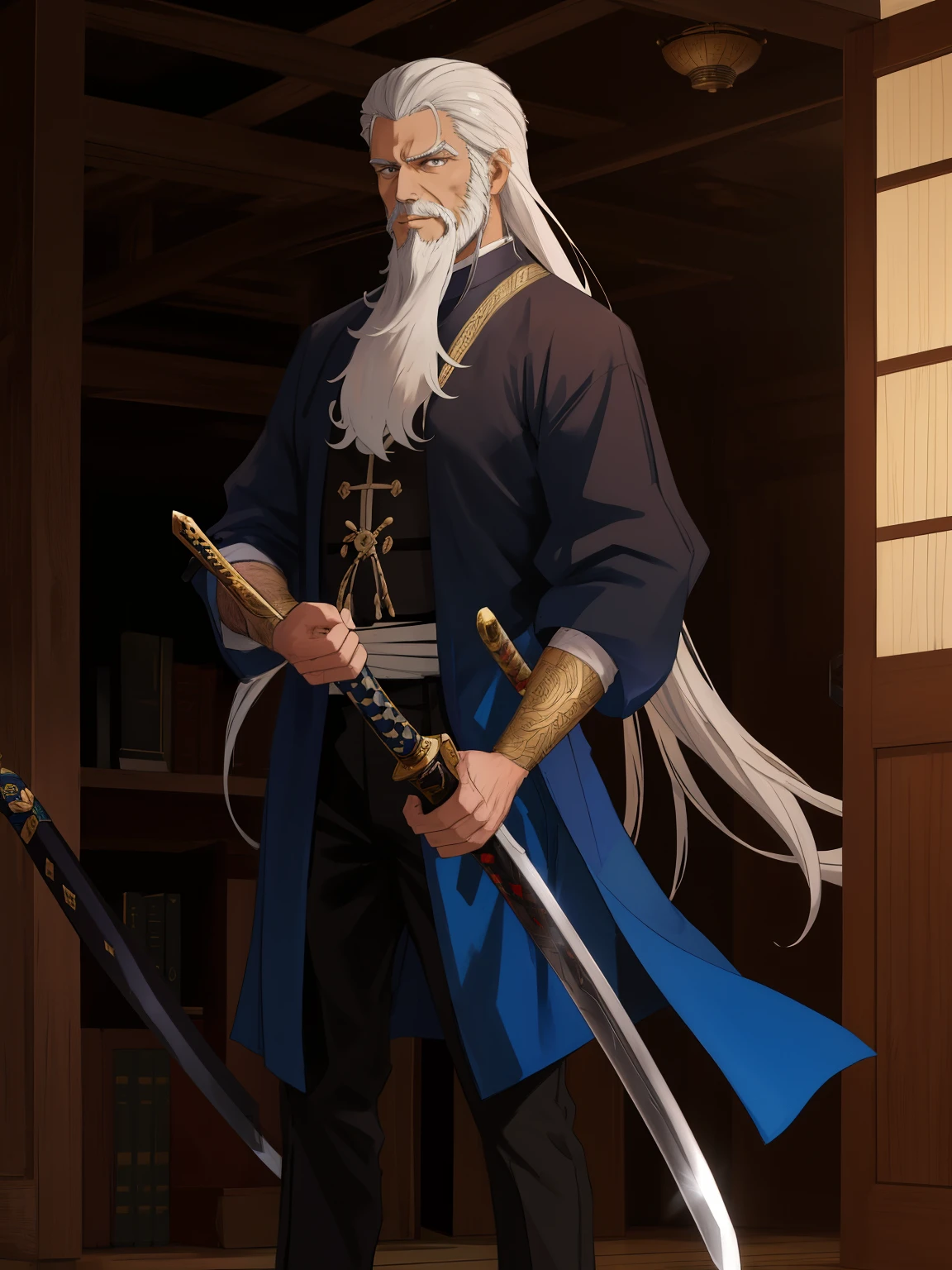 a man with a white beard, a massive sword, filing documents, a work of art, best quality, oriental clothing