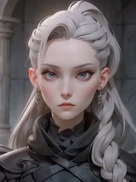 Cassandra is a tall young woman with pale skin, gray eyes and white wavy hair with gray streaks, braided into a high ponytail wi...