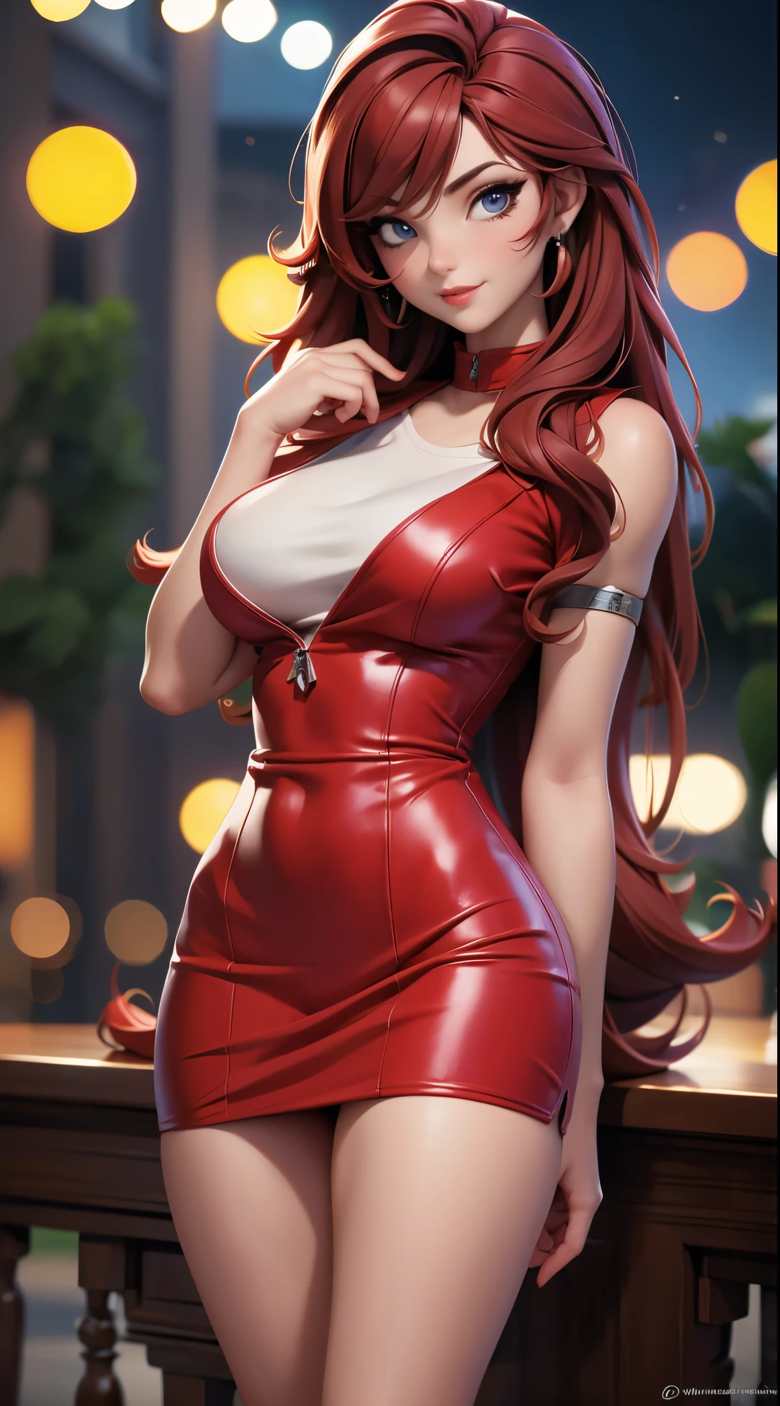 (best quality,4k,highres,masterpiece:1.2),ultra-detailed,realistic,photorealistic:1.37,portrait,dark background,brunette woman,21 years old,thin and small,elegant light gray dress,red hair,bright red lipstick,beautiful detailed eyes,beautiful detailed lips,high stocking,full body,garden in the night,soft lighting,serene atmosphere,vivid colors,bokeh