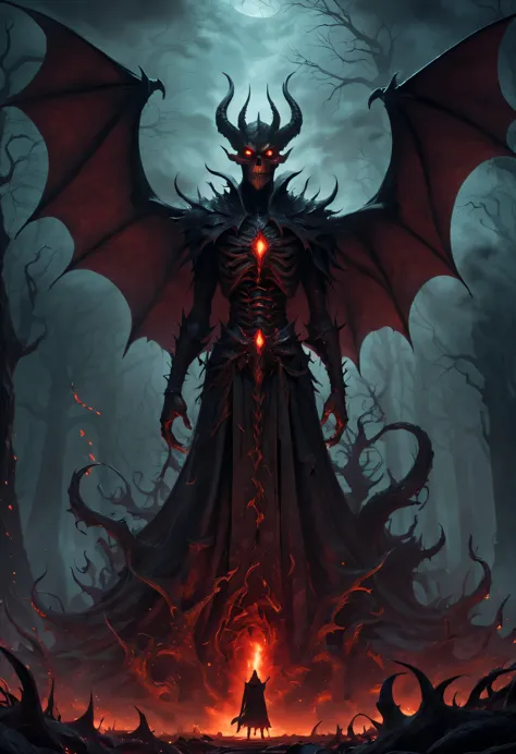 hell,Dark Overlord,nether creatures,masterpiece:1.2,Super detailed,gothic art,Gloomy atmosphere,Ominous red and black color scheme,majestic throne,Flying bats,Devil&#39;s mark,Hauntingly beautiful forest,crimson fire,Ominous eyes penetrate the darkness,clo...