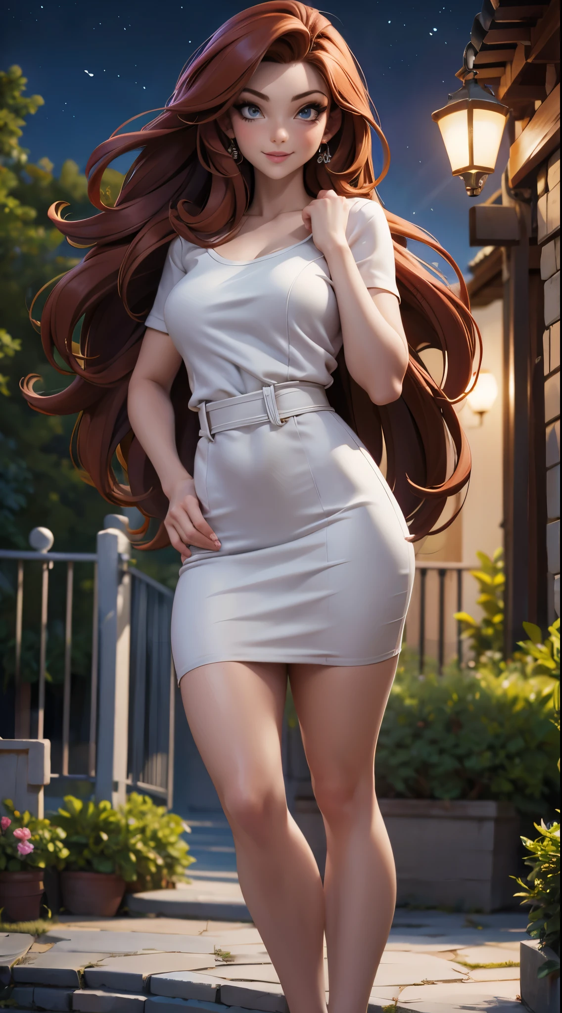 (best quality,4k,8k,highres,masterpiece:1.2),ultra-detailed,(realistic,photorealistic,photo-realistic:1.37),brunette woman,21 years old,thin and small,beautiful detailed eyes,beautiful detailed lips,red hair, elegant gray long dress, background garden in the night,full body,moonlit garden,portraits,soft lighting