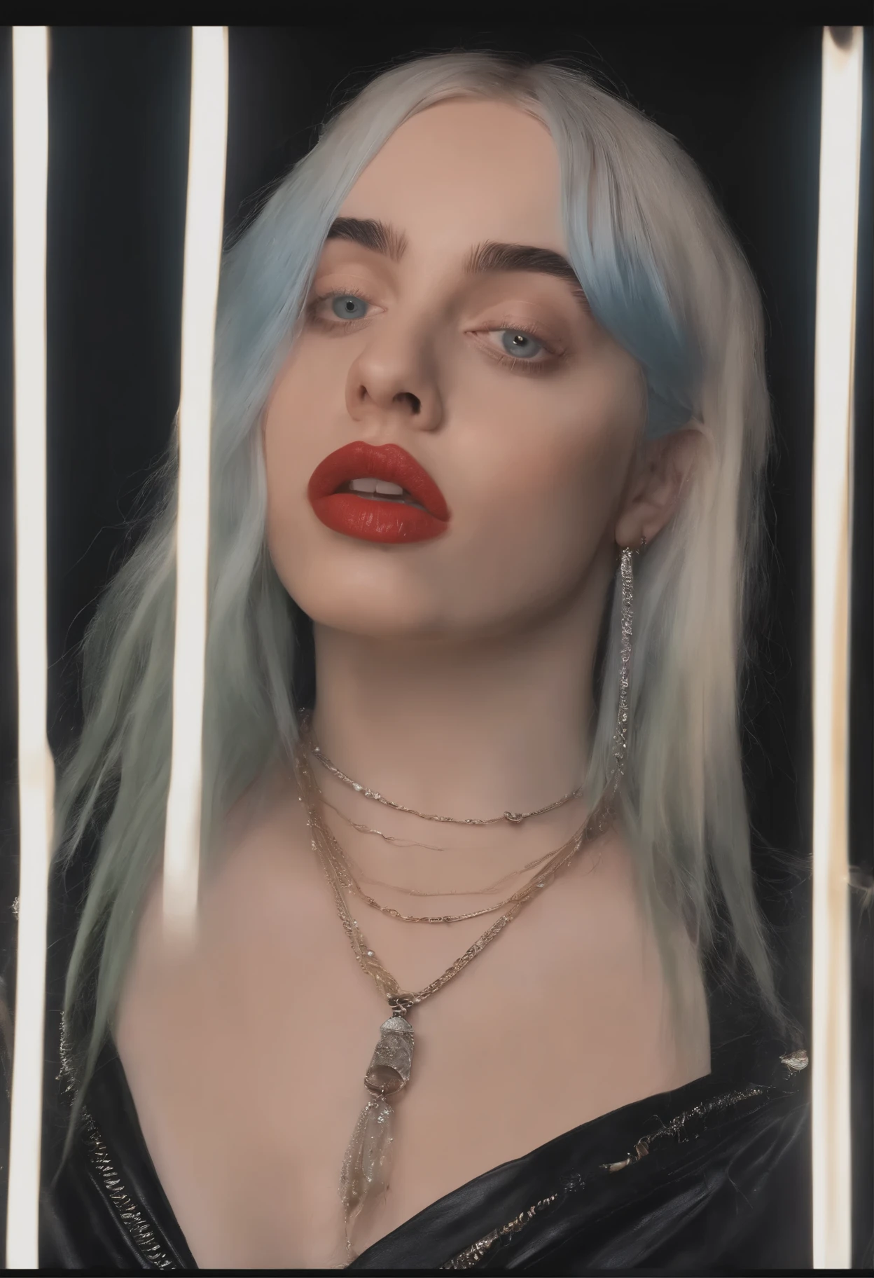 A close up of a woman with blue hair and a necklace - SeaArt AI