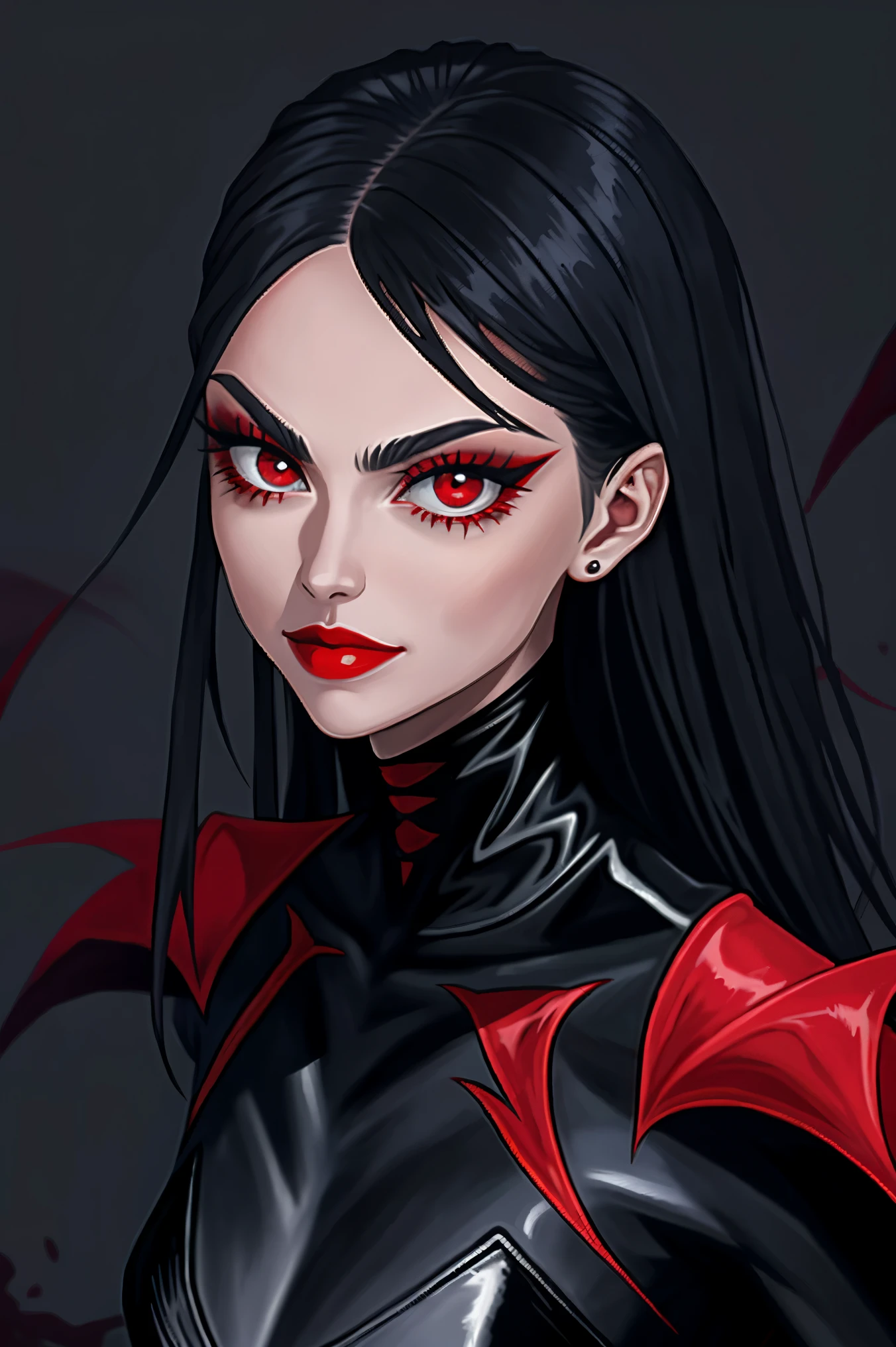 Mujer arafed con maquillaje negro y rojo y Vampire teeth., with Fangs, Vampire teeth, vampire girl, sharp Vampire teeth, vampire portrait, Fangs, female vampire, androgynous vampire, vampire Fangs, scary vampire, sharp and pointy Vampire teeth, vampire woman, Fangs extended, Fangs and drool