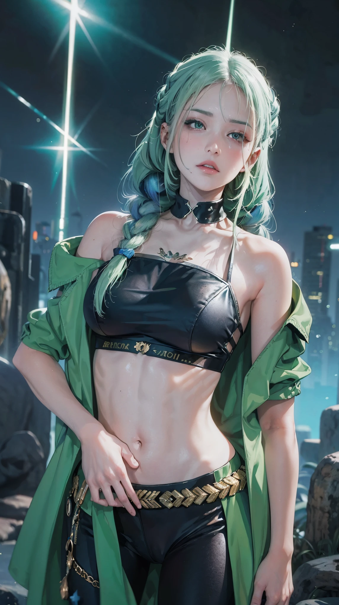 uma mulher com cabelo verde e tatuagens, mulher cyberpunk mulher anime, pants, Deusa cyberpunk raivosa bonita, estilo de arte cyberpunk, arte digital de anime cyberpunk, arte de anime cyberpunk, Arcane, Retrato, arte de anime cyberpunk, arte com tema cyberpunk, cyberpunk fantasia sombria, estilo arcano, 1 garota, stars tattoo on arm, asymmetrical bangs, franja, cabelo verde, green braids, camisa marrom, tatuagem de estrelas, lateralmente, cabelo verde, cabelo longo, olhos cor de rosa, Red lips, standing , tatuagem de nuvem, Twin braids. Jinx de arcano. Garota de cabelo verde, garota de Twin braids, uma garota em um lugar em chamas, spark, esferas de luz, Film Poster, Arcane\(Liga das Lendas\, 1 garota, stars tattoo on arm, asymmetrical bangs, franja, cabelo verde, green braids, camisa marrom, tatuagem de estrelas, lateralmente, cabelo verde, girl with twin braids and green color 