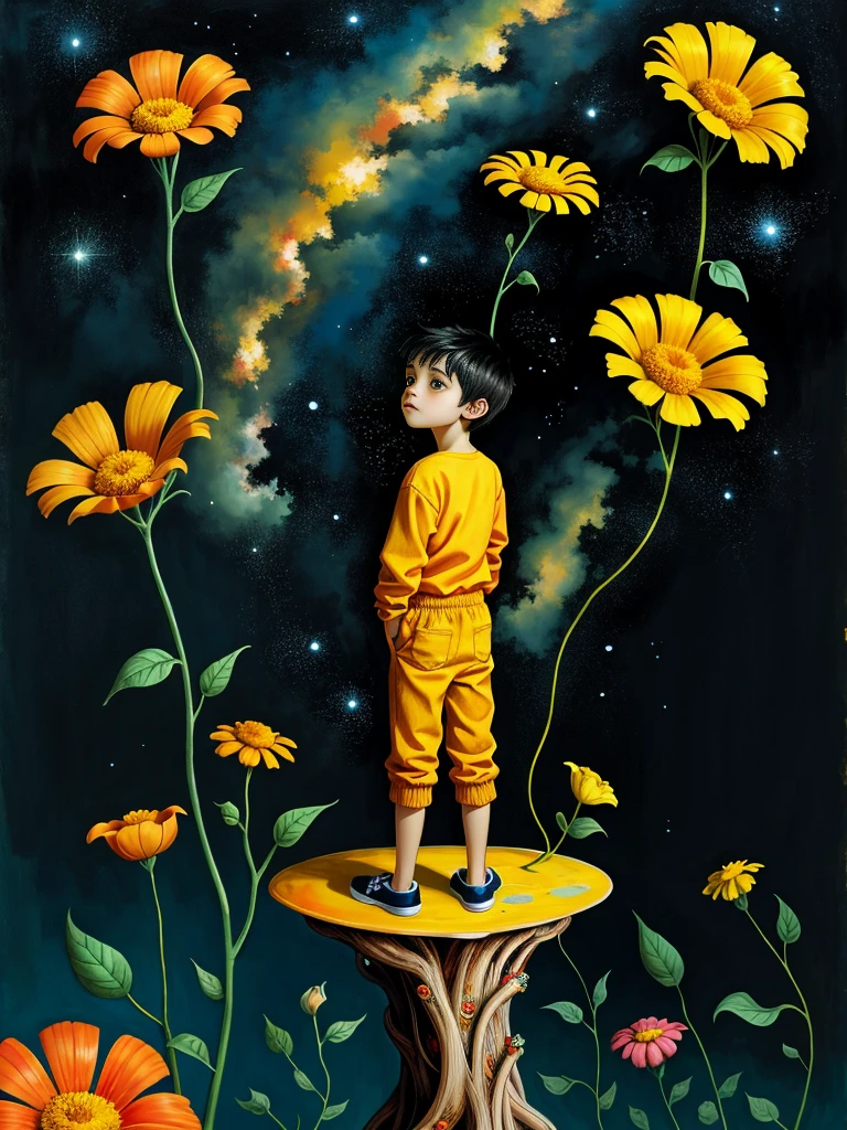 Neo surrealism, whimsical art, painting, fantasy, magical realism, bizarre art, pop surrealism, inspired by Gabriel Pacheco and Max Ernst. Create an painting of a an evening full of stars in the sky, a little boy stands and looks in wonder at a tall Orange marigolds Flower. His gaze is directed upwards, and the observer is looking sideways at the boy from behind.