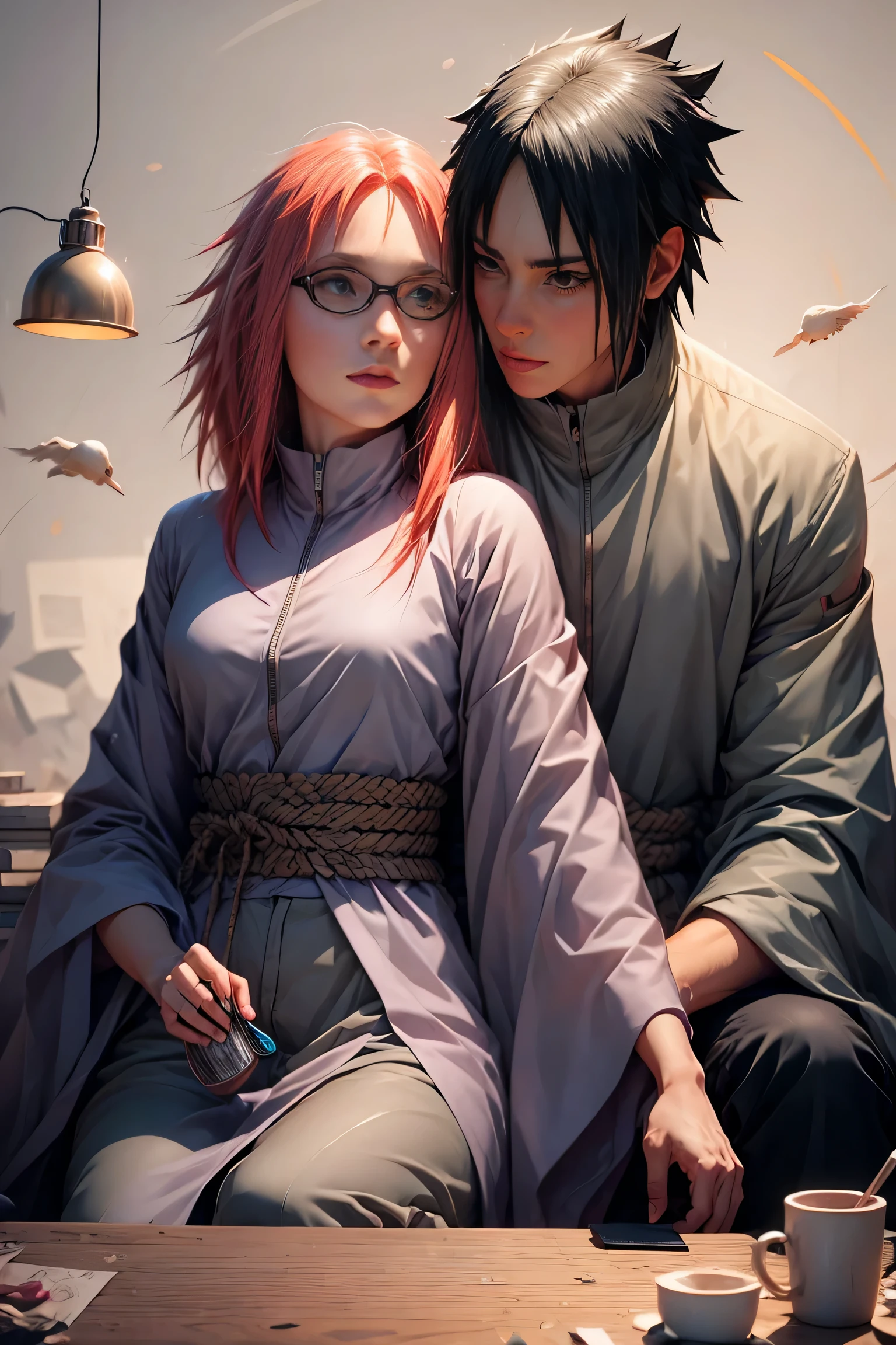 romantic couple ,Anatomy correct，Oriental elements，Style of ink painting, clean, soft lights, ( bokeh)，​masterpiece, super detailed, epic composition, highest quality, 8 THOUSAND，1boy (Sasuke Uchiha with onyx spikes in a dark blue outfit) (kisses) 1girl (Karin Uzumaki with bright red hair, red eye,  Glasses in a purple outfit.)
