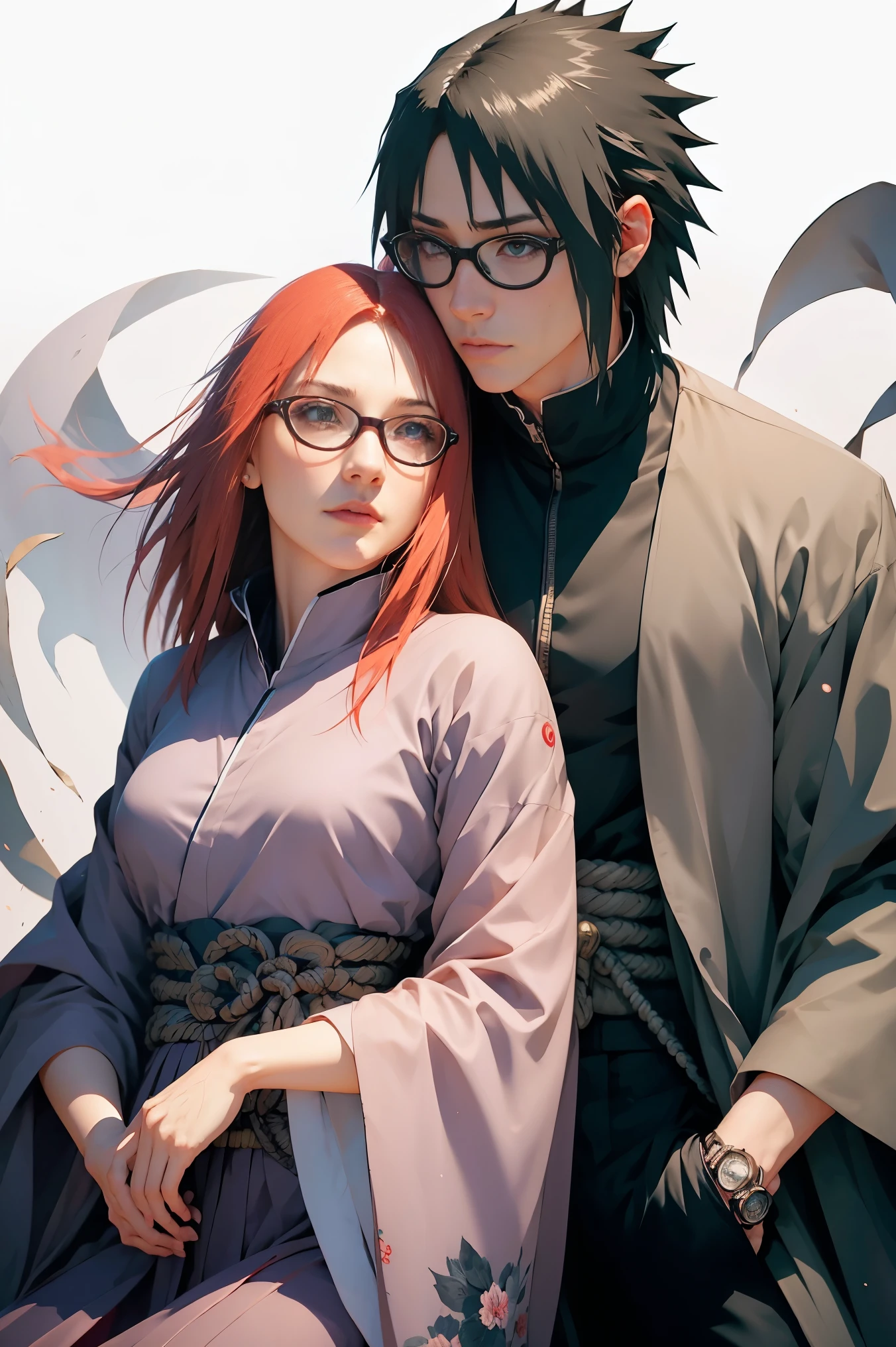 ,1 moon，Romantic couple kissing in the wind，anatomy correct, Delicate pattern，Oriental elements，Ink painting style, Clean colors, red scarletspace, Soft lighting, ( Bokeh)，Masterpiece, Super detailed, Epic composition, Highest quality, 8K，1boy ( Sasuke uchiha with onyx spikes in a dark blue outfit, 1girl (Karin Uzumaki beautiful face, with beautiful dark red hair, red eyes, glasses, in a purple outfit.)
