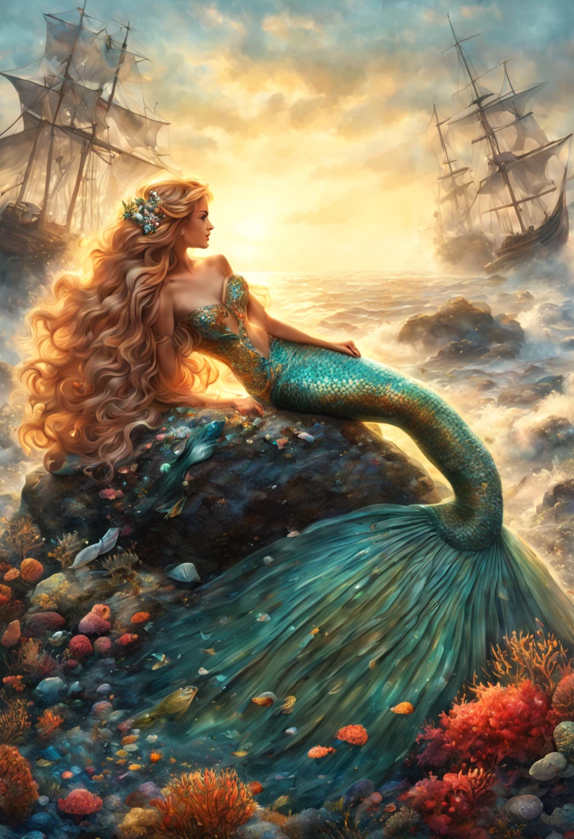 (highres:1.2), detailed mermaid with shimmering scales, sitting gracefully on a rugged rock, overlooking the vast expanse of the ocean, serene expression on her face. The water around her is crystal clear, with rays of sunlight streaming through, creating a magical underwater ambiance. Her sapphire-blue tail elegantly curls around the rock, adorned with intricate patterns and iridescent colors. The splashes of water droplets glisten in the sunlight, adding a dynamic touch to the scene. The surrounding marine life, such as colorful coral reefs, exotic fish, and gentle sea turtles, enhance the beauty of the underwater world. Soft rays of light penetrate the surface, casting a gentle glow on the mermaid's flowing, long golden hair. The entire composition is captured in a dreamlike, ethereal style, reminiscent of classic oil paintings. The color palette is vibrant and harmonious, with shades of turquoise, emerald green, and shimmering gold. The lighting is soft yet captivating, illuminating the mermaid's features and creating a serene atmosphere.