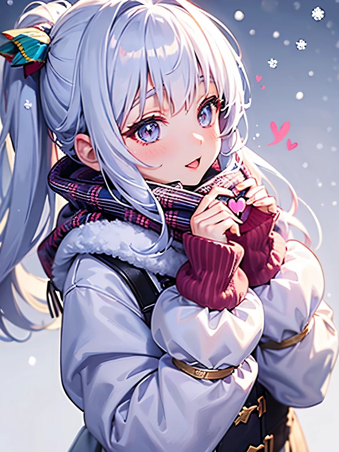 girl,((♡)),((flying Heart's)),((snow view background:1.3)),(Fancy World),((Colorful and casual winter clothes)),(close up of face),