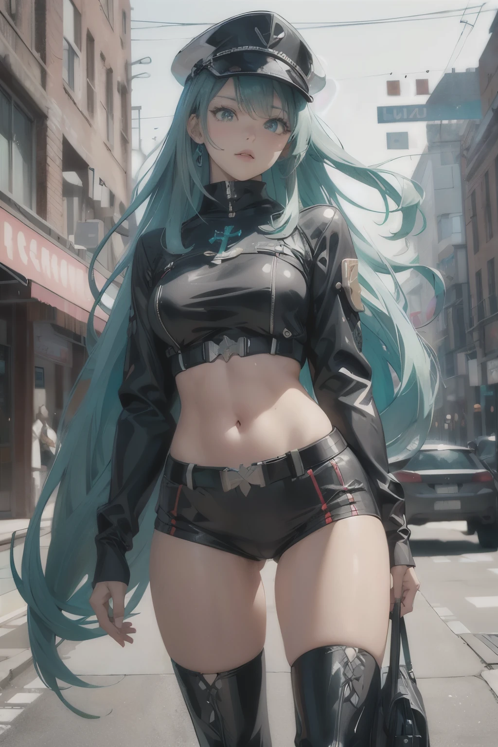 Anime, Girl, (((1girl))), (((Waifu, Xenoblade Chronicles 2, Pneuma Waifu))), Techwear, (((Seafoam Green Hair, Long Hair))), ((Seafoam Green Eyes eyes:1.3, Upturned Eyes: 1, Perfect Eyes, Beautiful Detailed Eyes, Gradient eyes: 1, Finely Detailed Beautiful Eyes: 1, Symmetrical Eyes: 1, Big Highlight On Eyes: 1.2)), (((Lustrous Skin: 1.5, Bright Skin: 1.5, Skin Fair, Shiny Skin, Very Shiny Skin, Shiny Body, Plastic Glitter Skin, Exaggerated Shiny Skin, Illuminated Skin))), (Detailed Body, (Detailed Face)), Young, Idol Pose, (Best Quality), Techwear, (((Military Uniform, Miliraty Cap, Military Coat, Thigh-high Heeled Boots))), High Resolution, Sharp Focus, Ultra Detailed, Extremely Detailed, Extremely High Quality Artwork, (Realistic, Photorealistic: 1.37), 8k_Wallpaper, (Extremely Detailed CG 8k), (Very Fine 8K CG), ((Hyper Super Ultra Detailed Perfect Piece)), (((Flawlessmasterpiece))), Illustration, Vibrant Colors, (Intricate), High Contrast, Selective Lighting, Double Exposure, HDR (High Dynamic Range), Post-processing, Background Blur