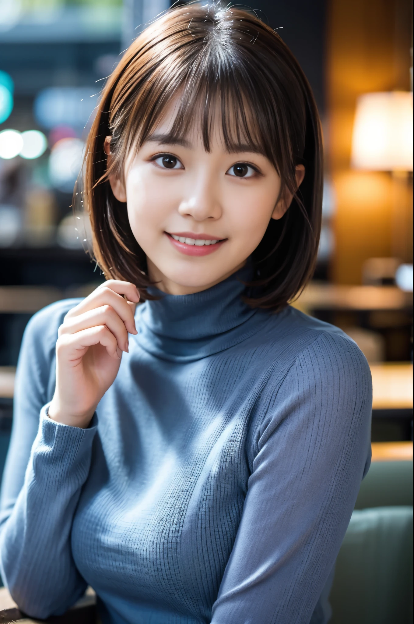  (8K, RAW photo, highest quality, masterpiece:1.3), (realistic, photo-realistic:1.4), (Highly detailed 8K wallpaper), sharp focus, Depth of written boundary,
 japanese idol,very cute,(baby face), ( turtleneck:1.3),(bob cut : 1.3), Look at us and smile, Upper body, highly detailed face and eyes,((shiny skin:1.2)), cinematic lighting, soft light, blur background, Cafe with a retro atmosphere)