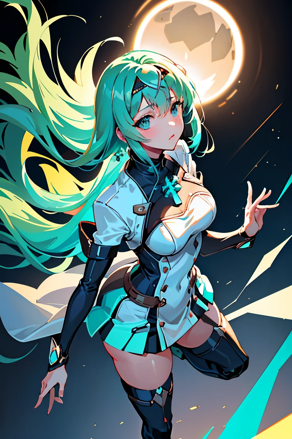 animado, chica, (((1 chica))), (((waifu, crónicas de xenoblade 2, Pneuma waifu))), ropa tecnológica, (((Espuma de mar Cabello verde, pelo largo))), ((Ojos verdes de espuma de mar:1.3, ojos vueltos hacia arriba: 1, ojos perfectos, hermosos ojos detallados, Gradient eyes: 1, hermosos ojos finamente detallados: 1, ojos simétricos: 1, gran resaltado en los ojos: 1.2)), (((piel brillante: 1.5, Piel brillante: 1.5, Feria de la piel, piel brillante, Very piel brillante, cuerpo brillante, piel de brillo de plástico, Exaggerated piel brillante, piel iluminada))), (cuerpo detallado, (cara detallada)), joven, bolsa de ídolo, (mejor calidad), ropa tecnológica, (((uniforme militar, Gorra militar, abrigo militar, Botas de tacón hasta el muslo))), Alta resolución, enfoque nítido, ultra detallado, extremadamente detallado, obras de arte de muy alta calidad, (Realista, Fotorrealista: 1.37), 8K_fondo de pantalla, (extremadamente detallado CG 8K), (muy bien 8K CG), ((Hyper Super ultra detallado Perfect Piece)), (((Obra maestra impecable))), ilustración, Colores vibrantes, (Intrincado), alto contraste, Iluminación selectiva, exposición doble, hdr (Alto rango dinámico), Postprocesamiento, Desenfoque de fondo