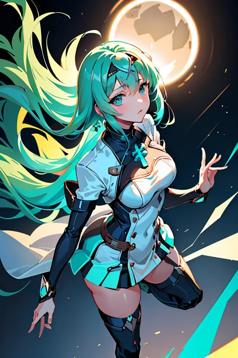 Anime, Girl, (((1girl))), (((Waifu, Xenoblade Chronicles 2, Pneuma Waifu))), Techwear, (((Seafoam Green Hair, Long Hair))), ((Se...