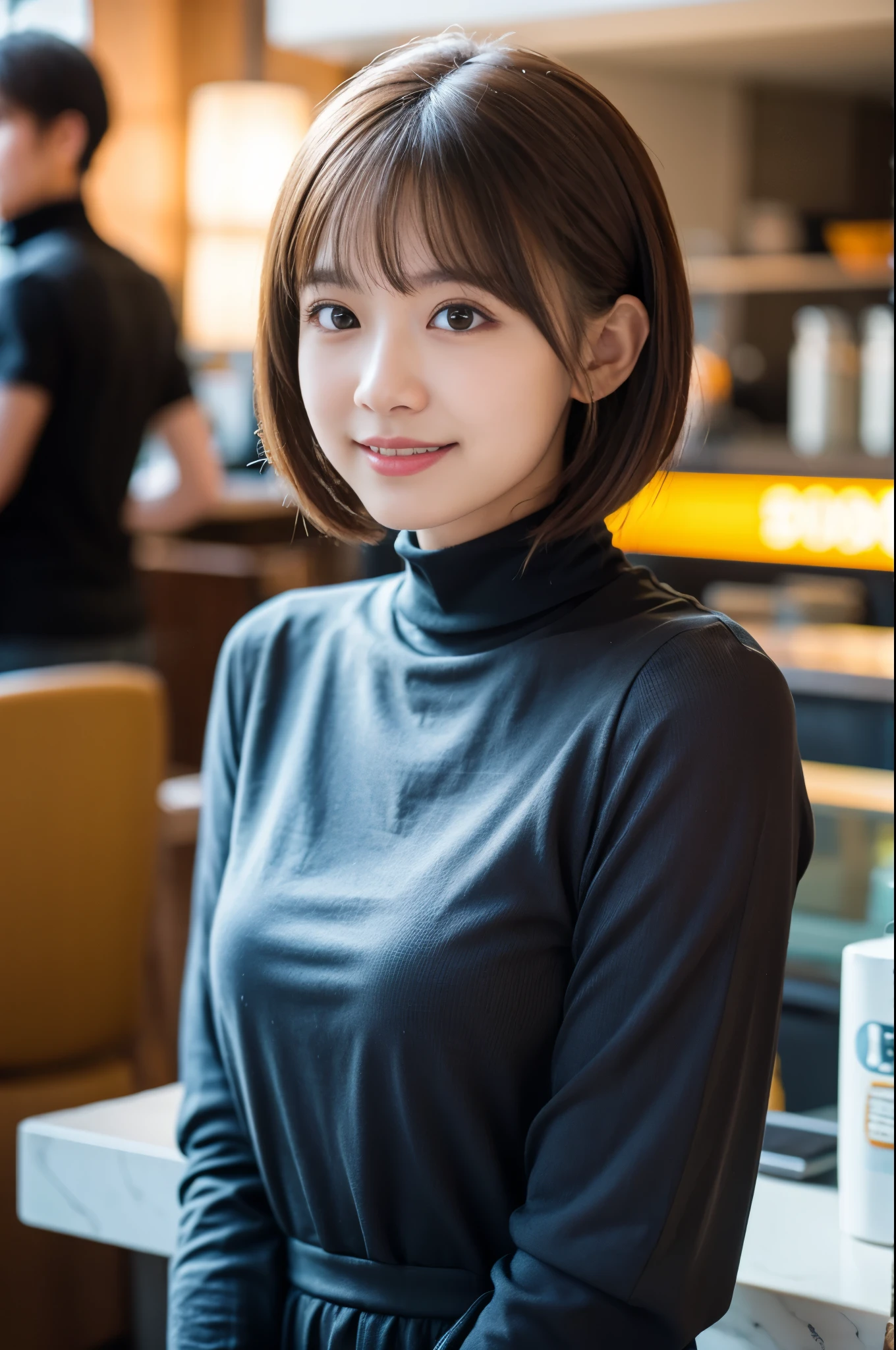  (8K, RAW photo, highest quality, masterpiece:1.3), (realistic, photo-realistic:1.4), (Highly detailed 8K wallpaper), sharp focus, Depth of written boundary,
 japanese idol,very cute,(baby face), (long sleeve、turtleneck:1.3),(bob cut : 1.3), Look at us and smile, Upper body, highly detailed face and eyes,((shiny skin:1.2)), cinematic lighting, soft light, blur background, Cafe with a retro atmosphere)