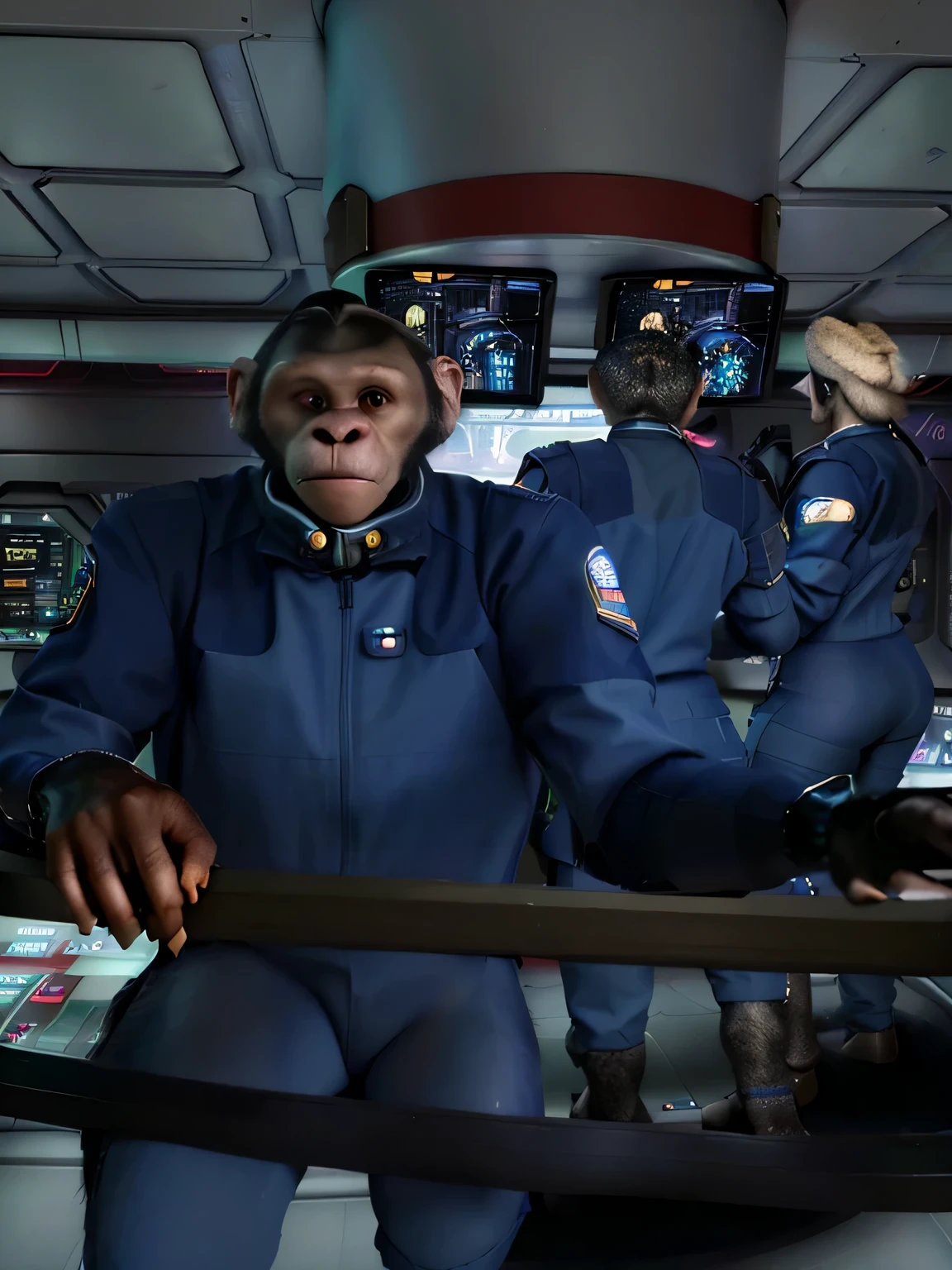 a close up of a chimpanzee on the bridge of a starship, fur, anthro, cyber monkey, fur, futuristic starship crew member, humanoid monkey fantasy race,, sci - fi pilot, on a crowded space station, officer, admiral, navy, depicted as a scifi scene