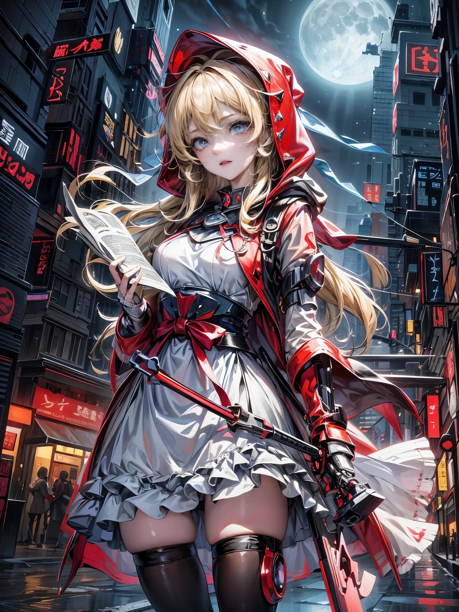 cinematic lighting,super dense skin、Beautiful quality with attention to detail,perfect anatomy,(replace、dim color, pleasant tone:1.3),(Detailed beautiful facial features、blonde、blue eyes:1.3)（Little Red Riding Hood style hood、A girl wearing a maid uniform apron:1.4）、（cyberpunk style apron:1.5） （Mechane Komimi:1.2）sly way of laughing（hand holding a magazine、highly detailed hands:1.5）（equip a cyber gun#1.5）Big city buildings at night、building roof、Skyscraper、（Highly detailed feet:1.3）、dynamism（Sparkling✨、the night deepens、shining moon、beautiful night:1.5）、whole body