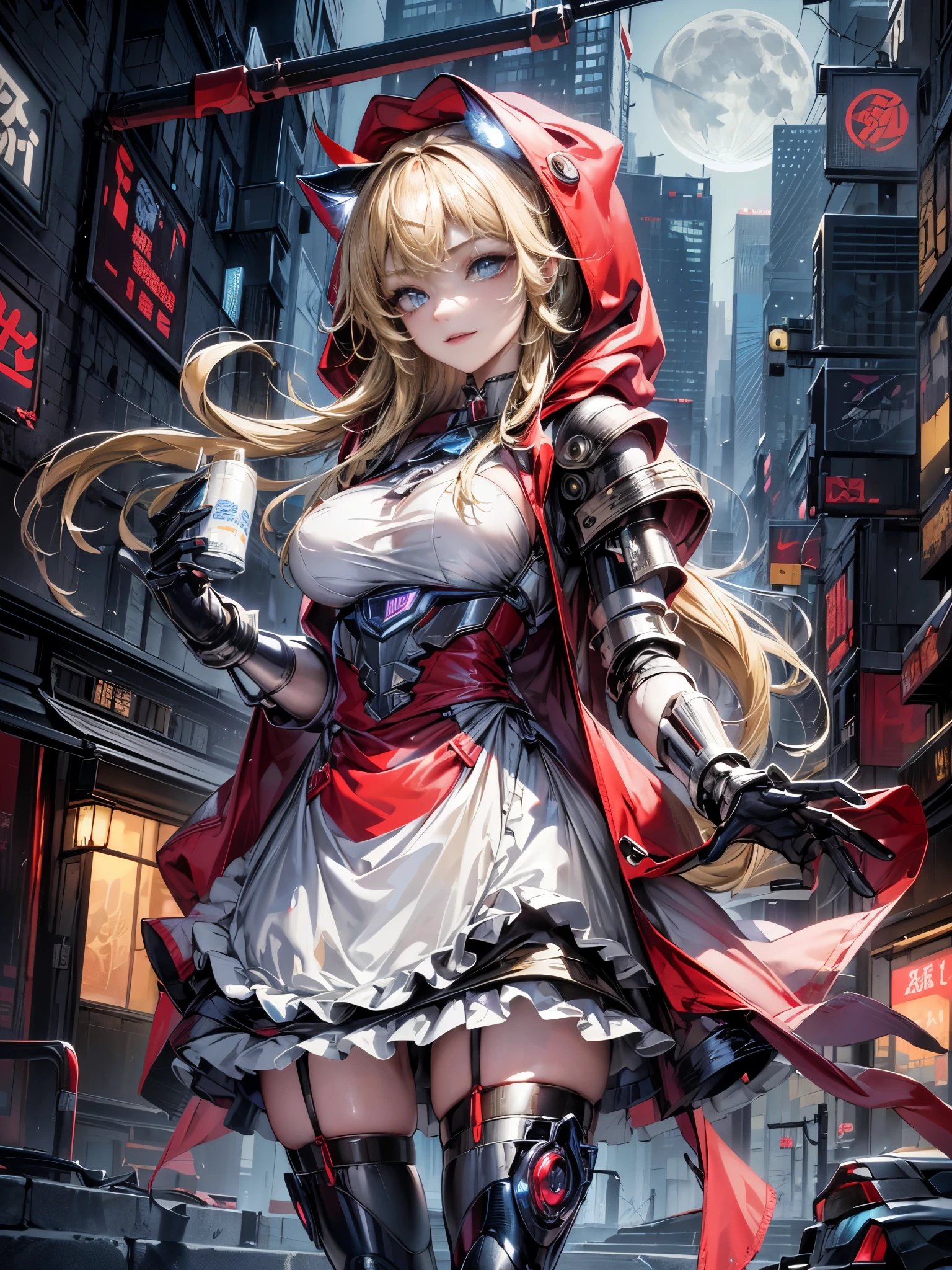 cinematic lighting,super dense skin、Beautiful quality with attention to detail,perfect anatomy,(replace、dim color, pleasant tone:1.3),(Detailed beautiful facial features、blonde、blue eyes:1.3)（Little Red Riding Hood style hood、A girl wearing a cyberpunk maid costume apron:1.4）、（cyberpunk style apron:1.5） （cyberpunk mecha cat ears:1.4）Smile lightly（Hand with machine gun、highly detailed hands:1.5）Big city buildings at night、building roof、Skyscraper、（Highly detailed feet:1.3）、dynamism（Sparkling✨、the night deepens、shining moon、beautiful night:1.5）、whole body