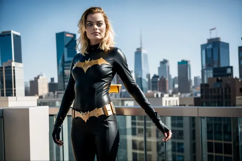 full body shot of margot robbie, short blonde hair, batgirl suit, posing on the top of building, serious look, photorealistic portrait, dramatic, cinematic, 4k resolution, hyperdetailed
