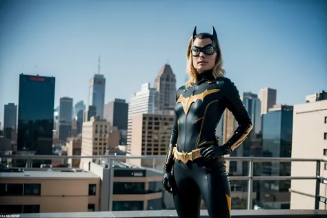 full body shot of margot robbie, short blonde hair, batgirl suit, posing on the top of building, serious look, hands on waist, photorealistic portrait, dramatic, cinematic, 4k resolution, hyperdetailed, extremely detailed scene composition by james gunn