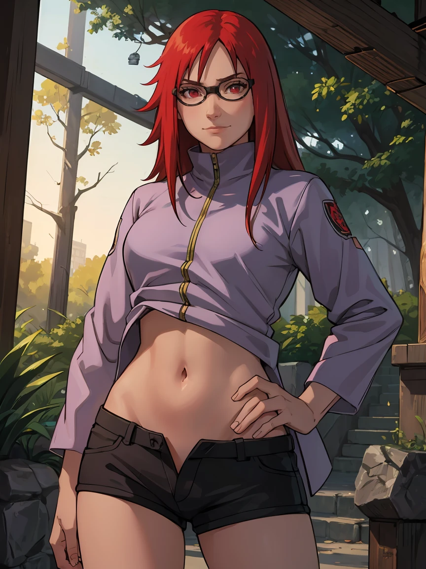 (masterpiece:1.2, best quality:1.2, beautiful, high quality, highres:1.1), detailed, extremely detailed 4K, perfect eyes, perfect face, perfect lighting, (1girl, solo, adult female, mature female), [muscular], leg muscles, thigh muscles, 
red hair, red eyes, glasses, midriff, jacket, lowleg black shorts, long sleeves, karin, groin, exposed navel,
standing, outside, tree background, hand on hip, smirk, looking at viewer,