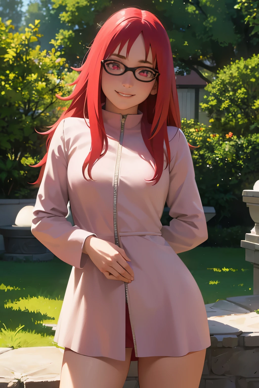 (best quality,4k,ultra-detailed),(realistic:1.37),HDR,professional,portrait,colorful,soft lighting,Karin Uzumaki,beautiful detailed eyes,red eyes, glassesbeautiful detailed lips,smiling gently,red hair flowing,happy expression,playful personality,long wavy hair,rosy cheeks,yellow dress,playful pose,feminine charm,lewd smirk,lifting dress,showing off panties,teasing look,confident stance,blossoming garden background
