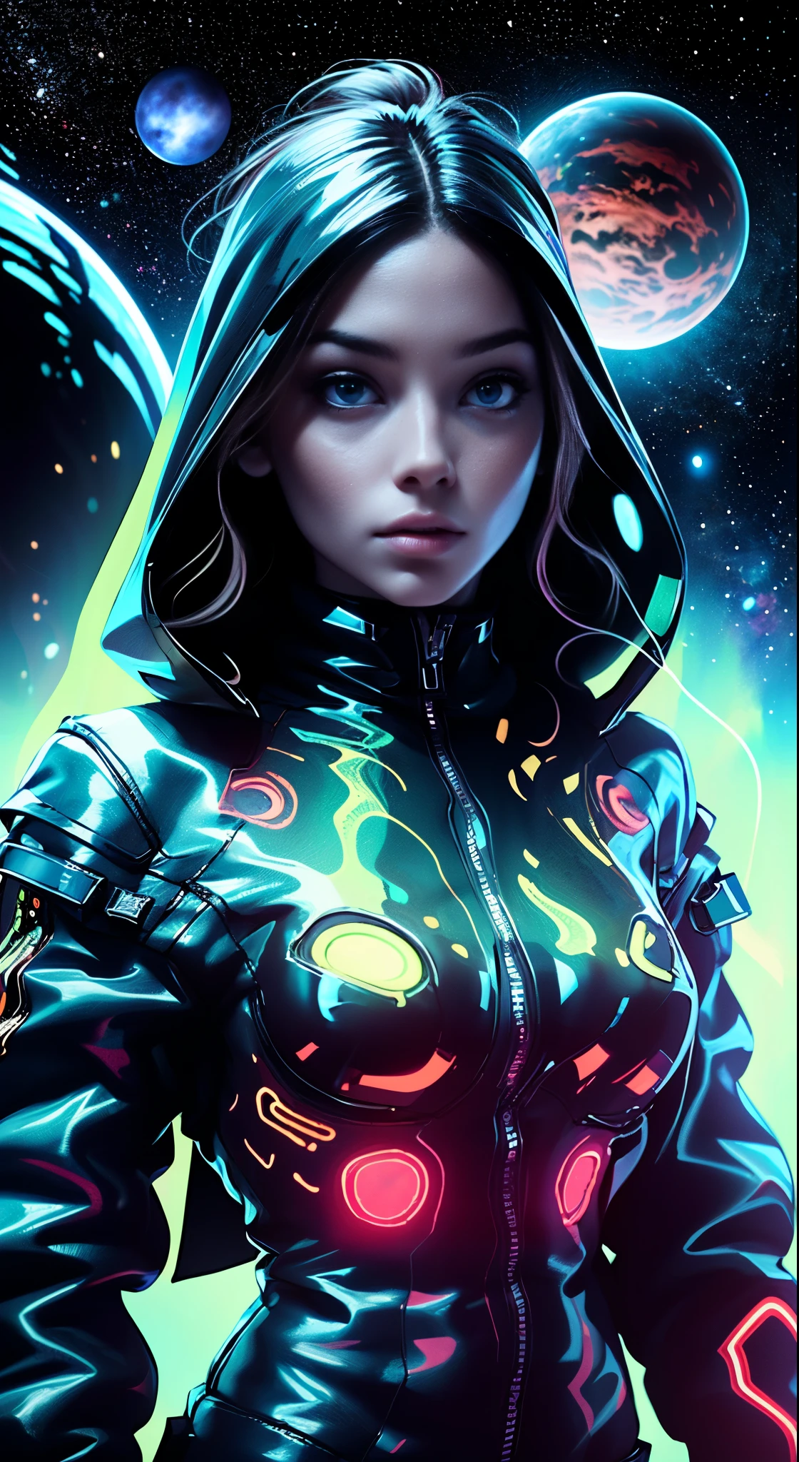 neon_woman exploring planets, skin tight uniform, alien worlds, exotic locations, deep space,unkown terrors, galactic, nebulas,stars,Portrait 