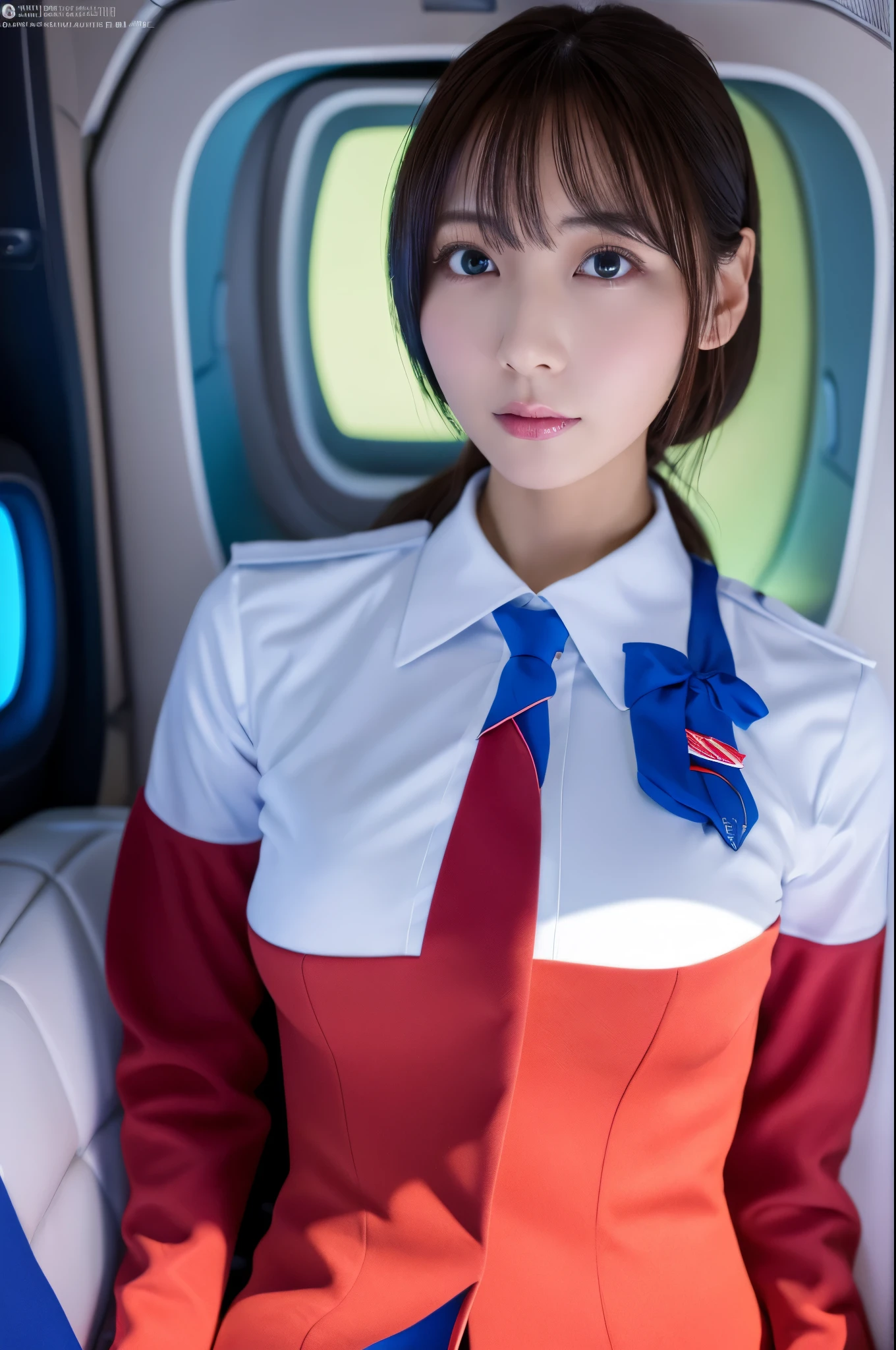 Top Quality, Masterpiece, 8K, Ultra High Definition, (Photorealistic: 1.4), 1 Girl, Skinny Japanese lady, Beautiful Face, Symmetrical Eyes, small breasts, thin waist, Perfect Body Proportions, Stewardess Uniform, Viewer's Look, (Inside the spaceship: 1.2), Front View, Shoulder Jump, Absolute Area (1.3),