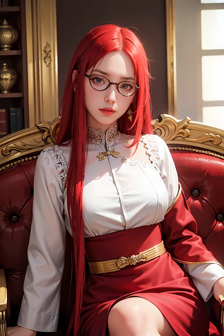 1 Girl, sitting on the classical European sofa, white skin, red hair, long hair with slight curls, red vouluminous hair, crown on her head, exquisite and beautiful big red eyes,, glasses exquisite features, detailed features, exquisite and gorgeous uniform inlaid with gems, perfect figure,gorgeous  exquisite and gorgeous furnishings,