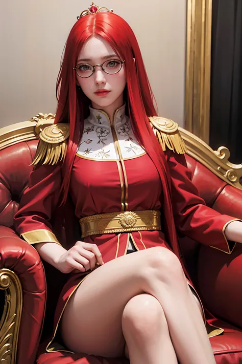 1 Girl, sitting on the classical European sofa, white skin, red hair, long hair with slight curls, red vouluminous hair, crown o...