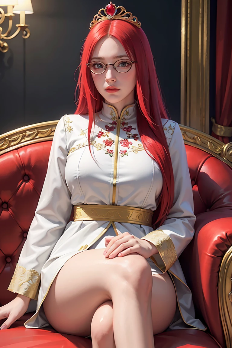 1 Girl, sitting on the classical European sofa, white skin, red hair, long hair with slight curls, red vouluminous hair, crown on her head, exquisite and beautiful big red eyes,, glasses exquisite features, detailed features, exquisite and gorgeous uniform inlaid with gems, perfect figure,gorgeous  exquisite and gorgeous furnishings,