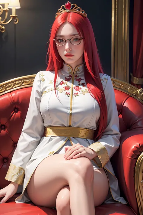 1 girl, sitting on the classical european sofa, white skin, red hair, long hair with slight curls, red vouluminous hair, crown o...