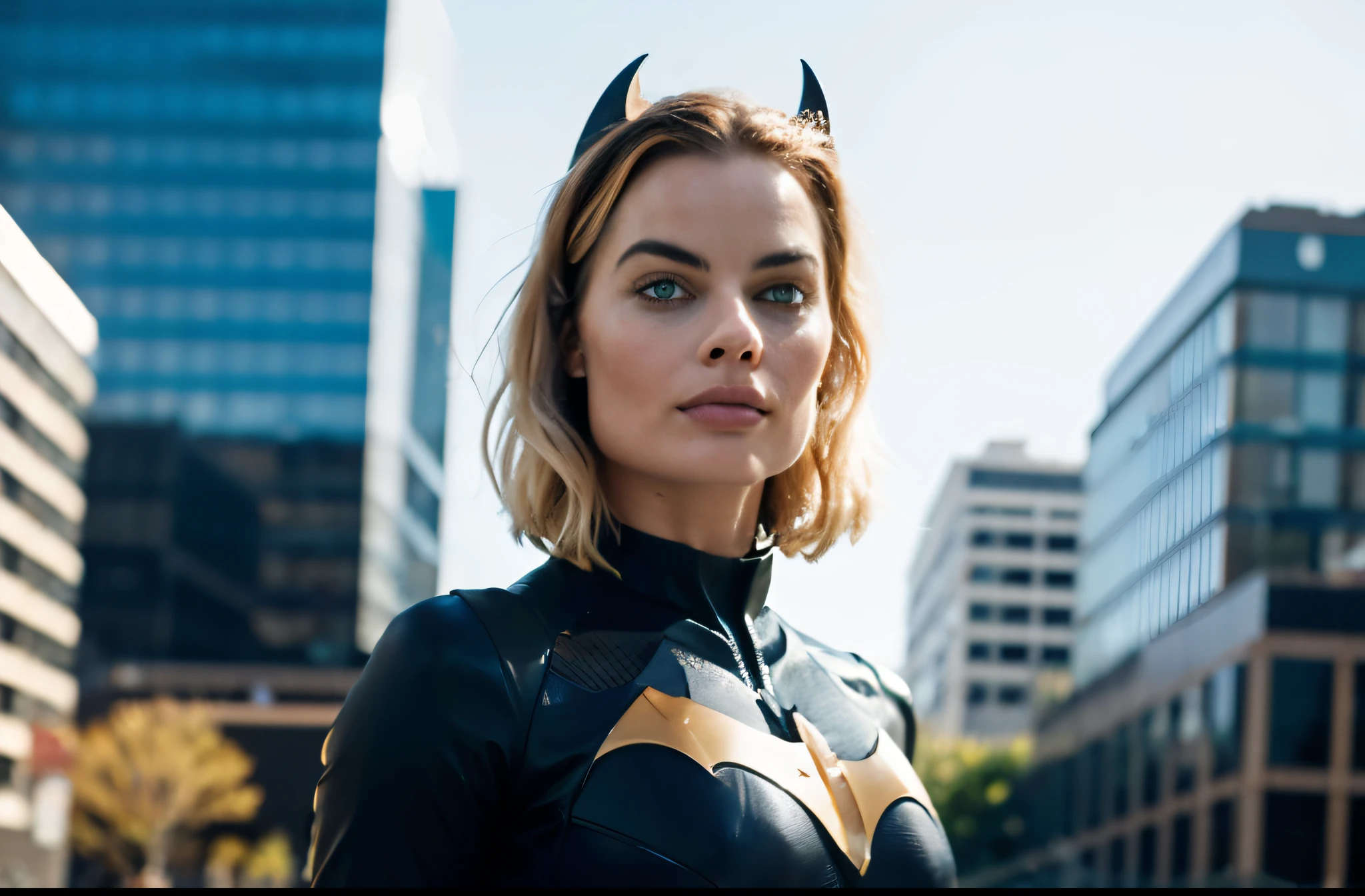 photo de Margot Robbie en pied, Cheveux blonds courts, costume de Batgirl, posant devant un immeuble, levant les yeux, air sérieux, portrait photoréaliste, Spectaculaire, cinématographique, Résolution 4K, hyper détaillé