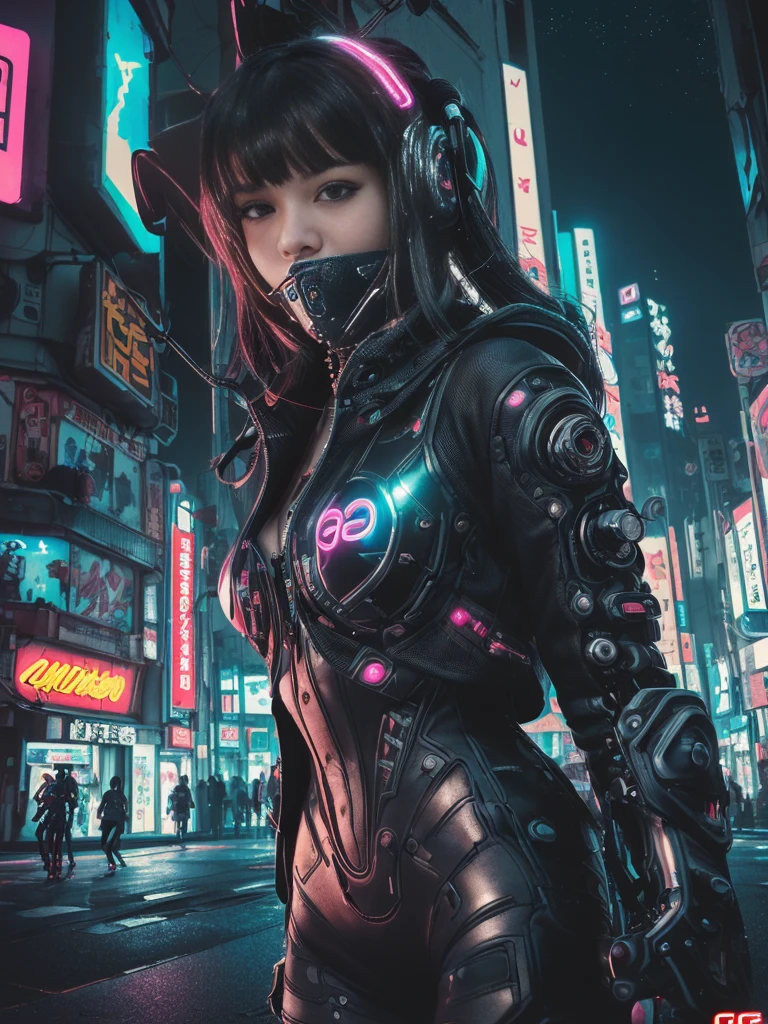 ((Awesome masterpiece anime illustration.)), ((Extremely delicate and beautiful cyber girl)), ((Very detailed and exposed face)), ((Mechanical member, )), (tube connections that attach to the neck:1.2 ), ((mass of wires and cables on the body)), ((wearing colorful Harajuku tech jacket with logo)), (dynamic pose), ((futuristic motorcycle behind the girl)), (((night sky with smog))),((masterpiece)), (((Best quality))), ((ultra detailed)), (Highly detailed photorealistic CG illustration), cinematic lighting, Science fiction, extremely detailed, colorful, higher detail, (((cyberpunk city background, dark and neon lights shining on the girl (Bladebuster), harajuku district))), NSFW