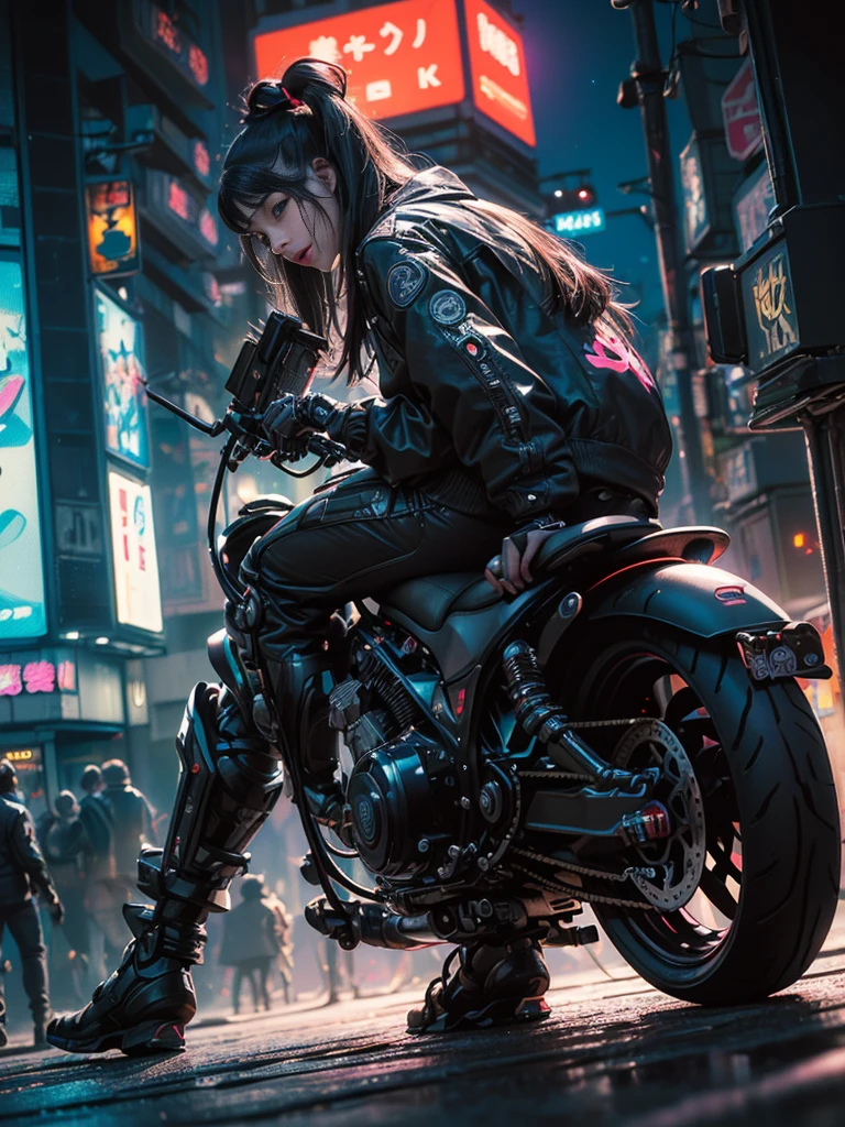 ((Awesome masterpiece anime illustration.)), ((Extremely delicate and beautiful cyber girl)), ((Very detailed and exposed face)), ((Mechanical member, )), (tube connections that attach to the neck:1.2 ), ((mass of wires and cables on the body)), ((wearing colorful Harajuku tech jacket with logo)), (dynamic pose), ((futuristic motorcycle behind the girl, full body main shot girl )), (((night sky with smog))),((masterpiece)), (((Best quality))), ((ultra detailed)), (Highly detailed photorealistic CG illustration), cinematic lighting, Science fiction , extremely detailed, colorful, higher detail, (((cyberpunk city background, dark and neon lights shining on the girl (Bladebuster), harajuku district))), ((8k)). NSFW
