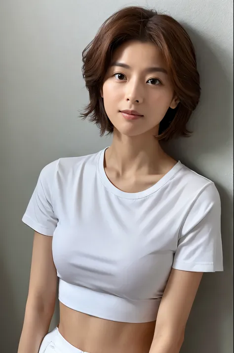 female in her 30s, very short hair, face without makeup, silky white skin, sexy, thin waist, white t-shirt, white wall in backgr...