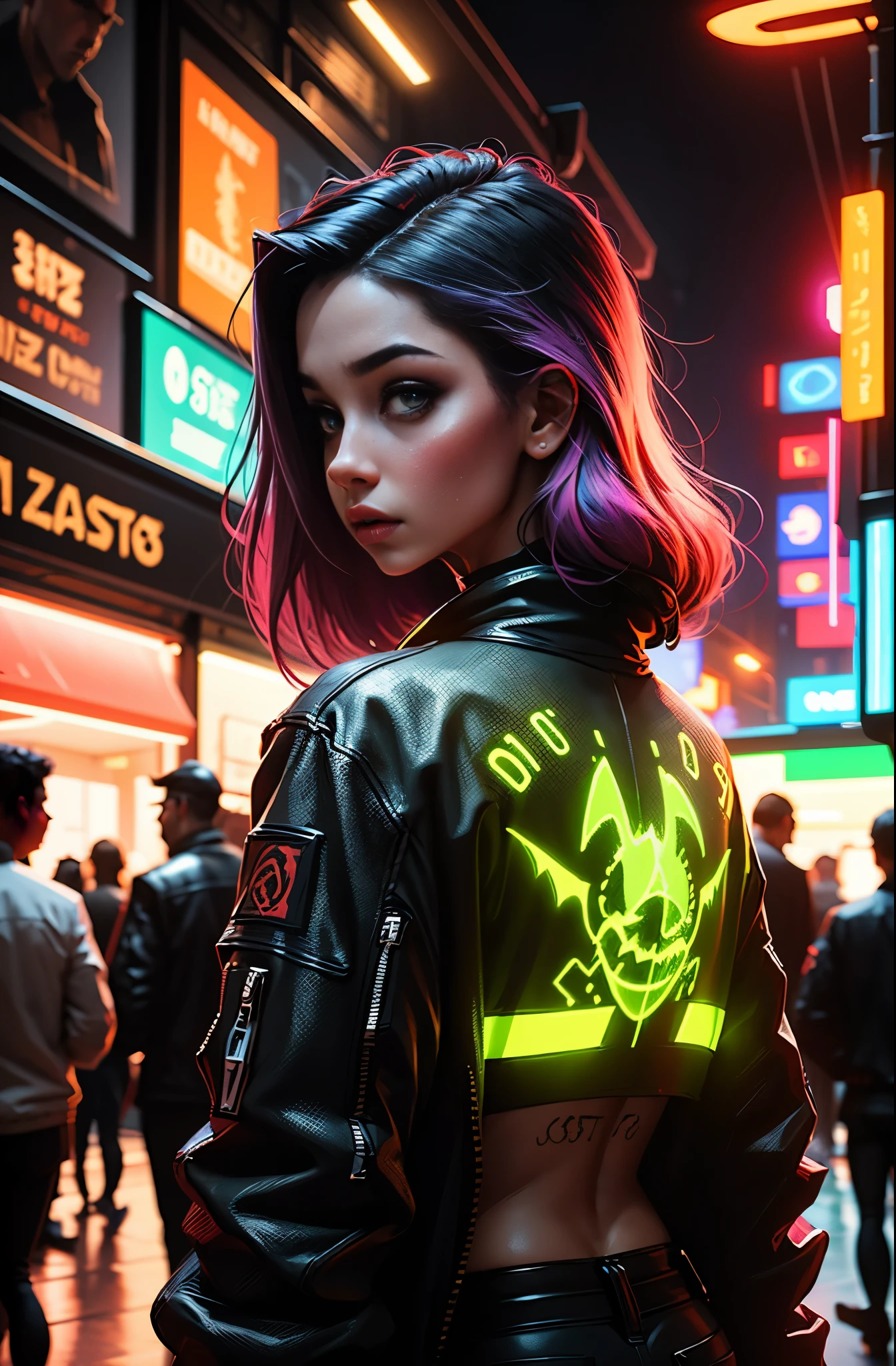 chica de atrás, sin camisa, cabello de colores vibrantes, mirando hacia atrás, tatuaje de dragón en la espalda, imagen de estilo cyberpunk, luces de neón, alta calidad, ultra 8k