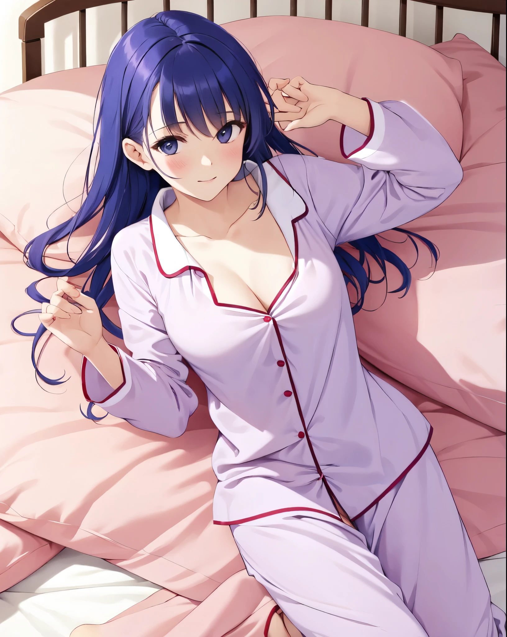 Anime girl in pajamas laying on bed with pink sheets - SeaArt AI