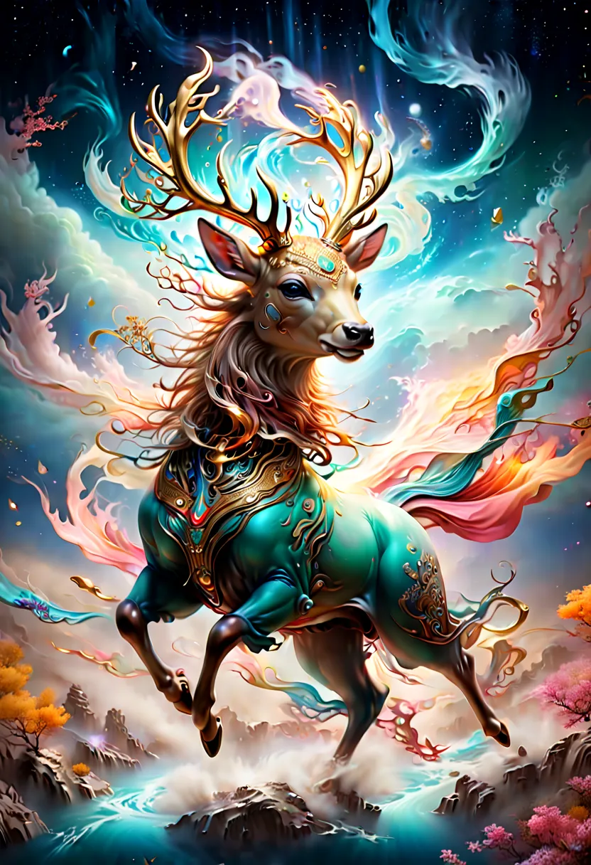 Chinese Colorful Deer, Dunhuang Color Matching, Eastern Aesthetics, Flowing Light Gauze, Light Dancing and Flying, Auspicious Cl...