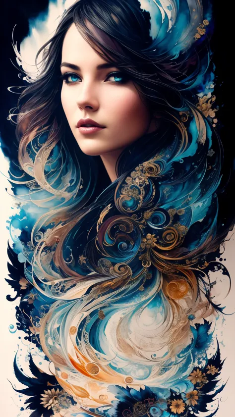 Colorful beautiful woman: Black ink flow: 8k resolution photorealistic masterpiece: by Aaron Horkey and Jeremy Mann: intricately...