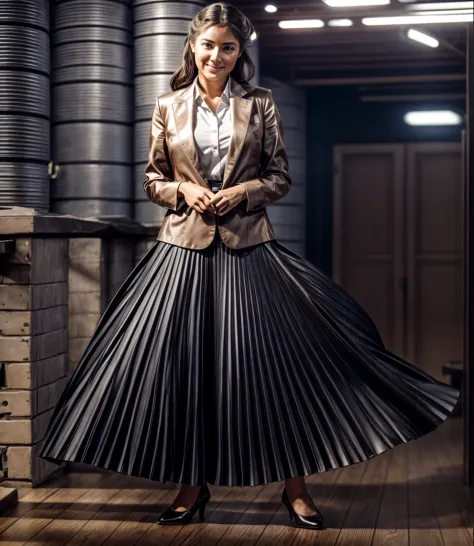A smiling, authentic, (shy:1,3), kind, beautiful woman, completely alone in an empty space station, in love with her skirt, standing while wind lifts her skirt, wearing short blazer and very very detailed (long (fully pleated) full circle skirt) and (simpl...