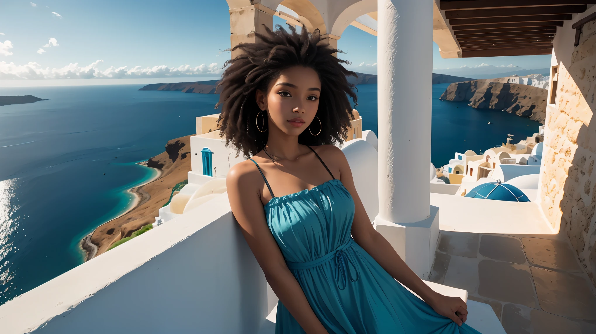 Schön black girl, Afro-Haar, krauses strukturiertes Haar. Schön detailed face, Hohe Detailliertheit, wunderschönes Auge. hochdetaillierte Zeiger. Schön, fließend, Sommerkleid aus transparentem Stoff. Blick auf das Meer von Santorini, Griechenland. Schön blue dome architecture, Tagesarchitektur. Mittelmeer. Licht, das von den Meereswellen in der Ferne reflektiert wird. Schöner dramatischer Himmel