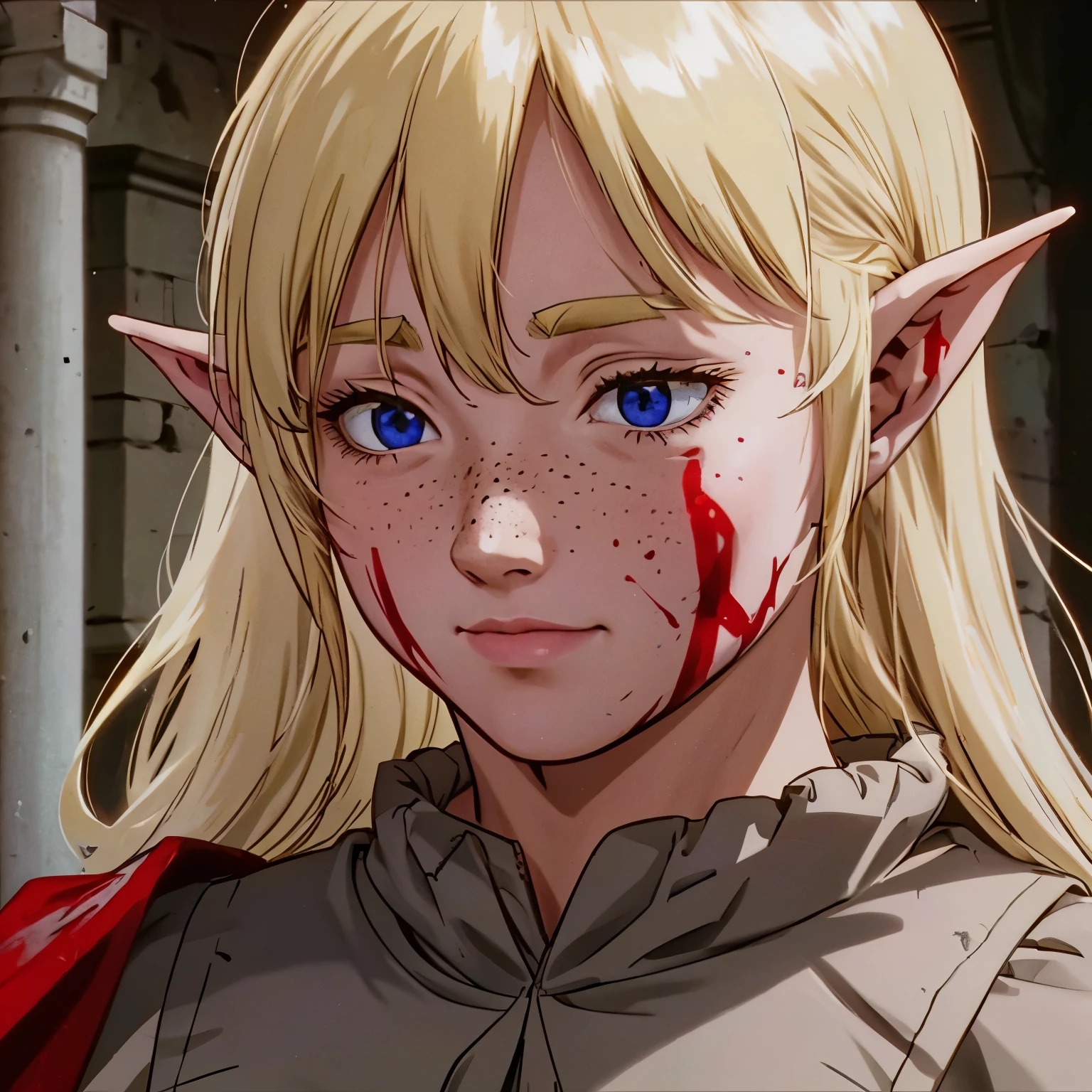 a beautiful blonde woman with elf ears and freckles, With his face covered in blood from a fight