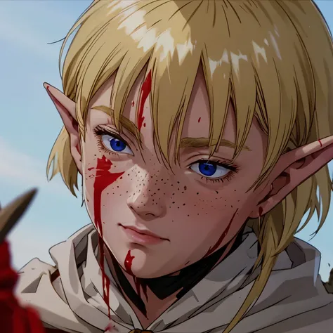 a beautiful blonde woman with elf ears and freckles, with his face covered in blood from a fight