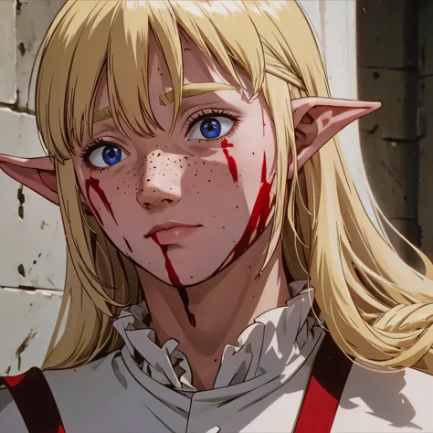 a beautiful blonde woman with elf ears and freckles, with his face covered in blood from a fight