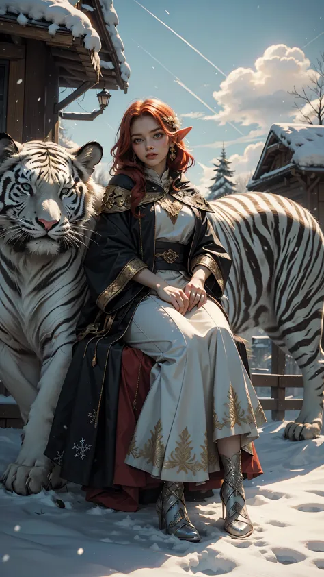 elven girl,pointy ears,detailed eyes, beautiful eyes,girl with red hair, yellow eyes, white tiger is sitting next to her, majest...