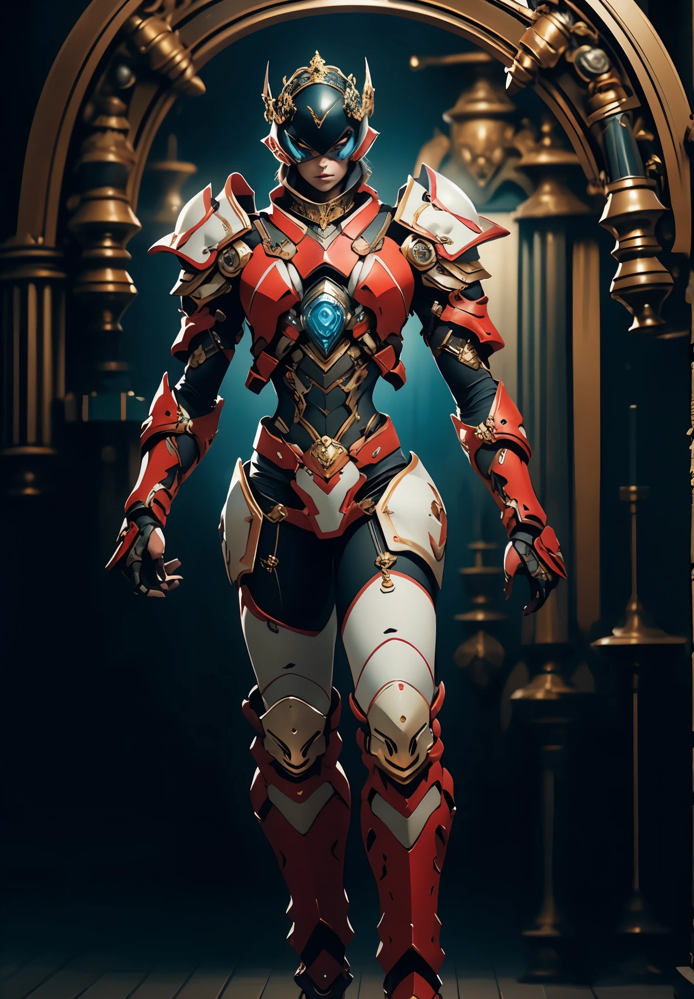 A woman adorned in fantasy-style full-body armor, a crown-concept fully enclosed helmet that unveils only her eyes, a composite layered chest plate, fully encompassing shoulder and hand guards, a lightweight waist armor, form-fitting shin guards, the overall design is heavy-duty yet flexible, the armor gleams with a golden glow, complemented by red and blue accents, exhibiting a noble aura, she floats above a fantasy-surreal high-tech city, this character embodies a finely crafted fantasy-surreal style armored hero in anime style, exquisite and mature manga art style, goddess, femminine, long legs, metallic, elegant, high definition, best quality, highres, ultra-detailed, ultra-fine painting, extremely delicate, professional, anatomically correct, symmetrical face, extremely detailed eyes and face, high quality eyes, creativity, RAW photo, UHD, 32k, Natural light, cinematic lighting, masterpiece-anatomy-perfect, masterpiece:1.5